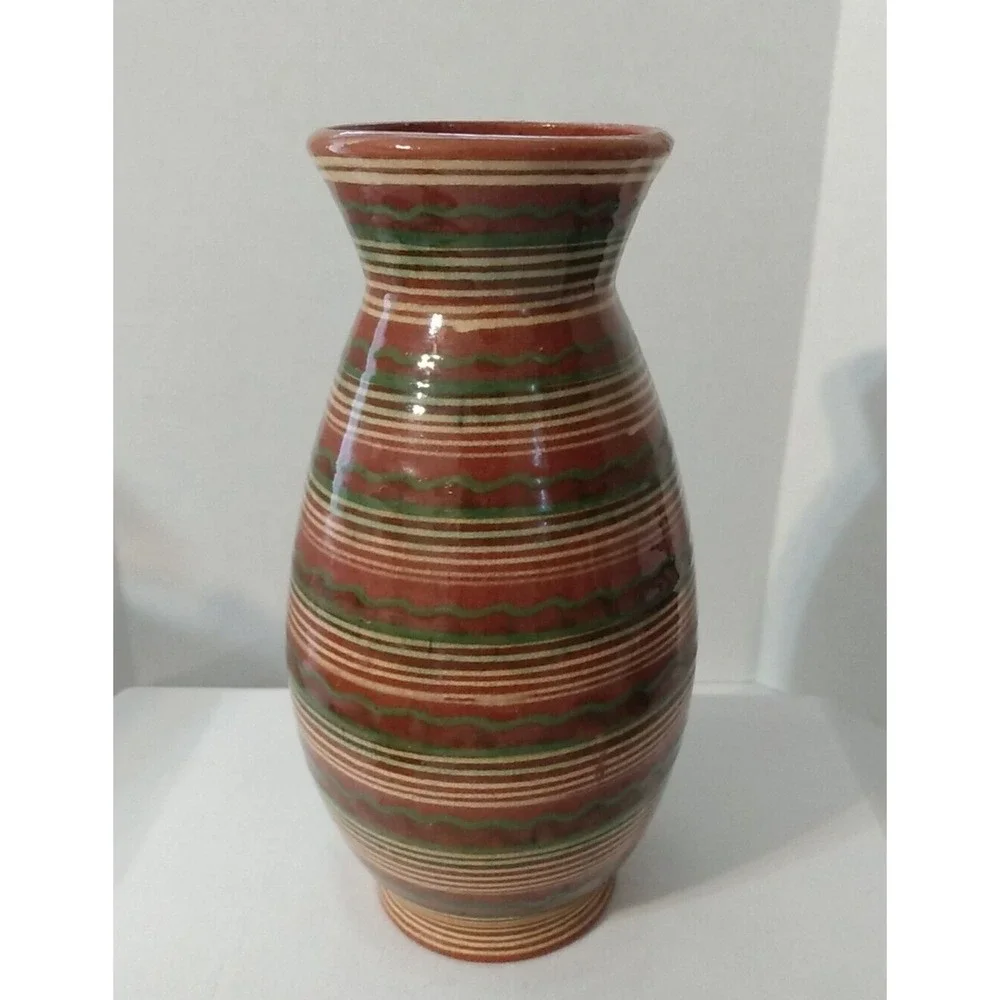 Glazed Mexican Vase Earthtones Hand Made Studio Pottery Southwest design PRETTY!